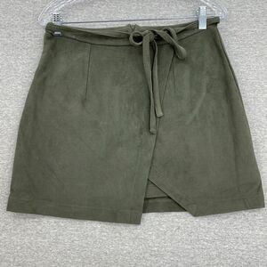 Living Doll Skirt Womens Large Olive Green Mini Faux Wrap Tie Belt Back Zipper